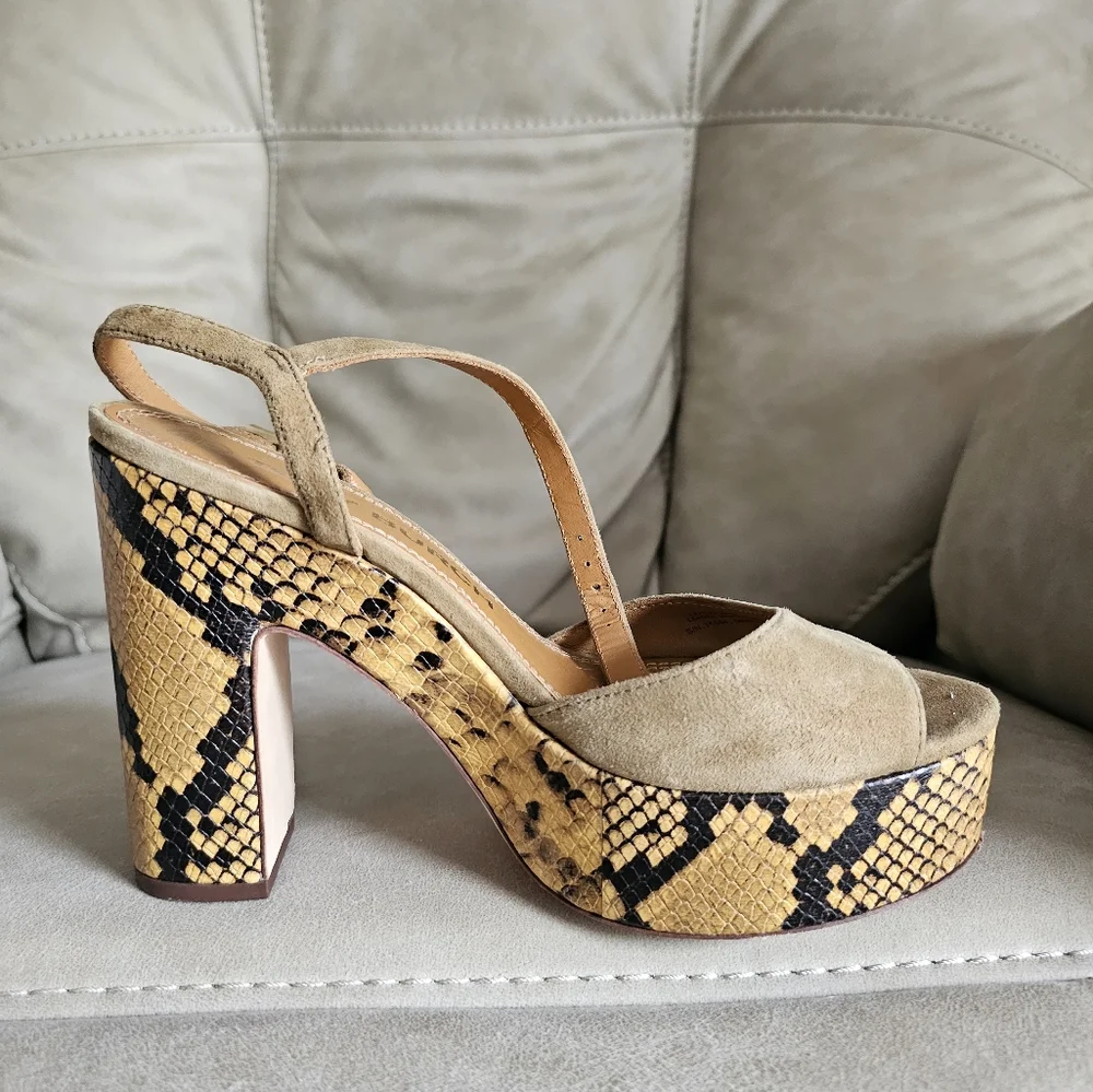 Tory Burch‎ Tan Suede Snake Print Platform Heels Sandals Statement Shoes Sz 7.5